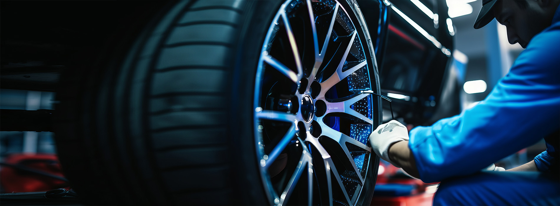 An individual working on a car wheel in an indoor setting, with a focus on the hubcap and tire.